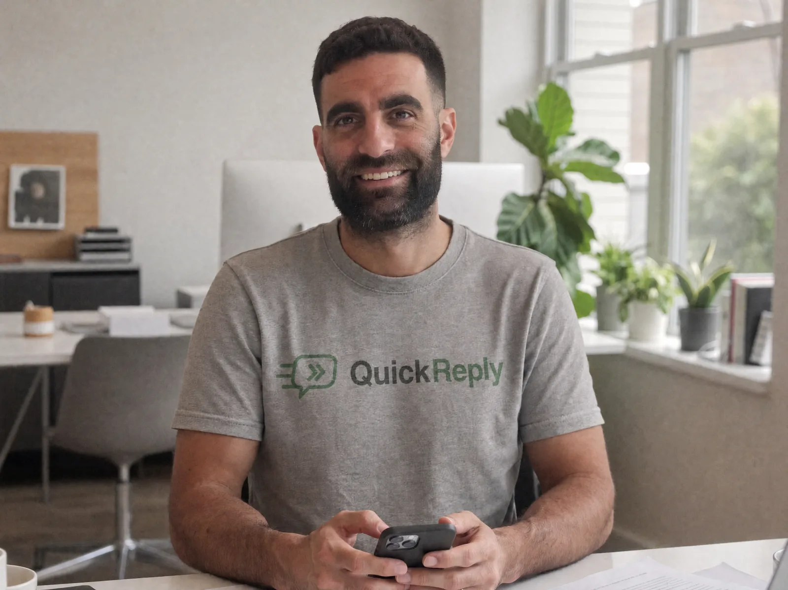 Tomer from the QuickReply team at his desk, phone in hand